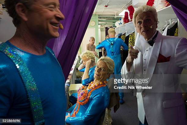 Male actors in their dressing room backstage at the Fabulous Palm Springs Follies, a vaudeville show in its 22nd season with cast of male and female...
