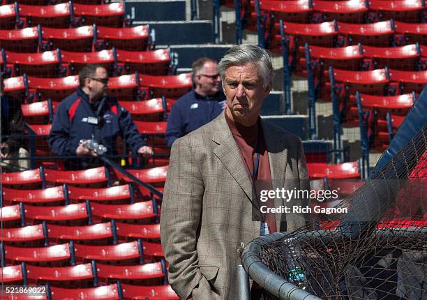 Baseball operations President Dave Dombrowski of the Boston Red Sox watches batting practice before a game against the Toronto Blue Jays at Fenway...