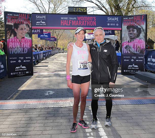 Winner of the 13th Annual MORE/SHAPE Women's Half-Marathon Caroline LeFrak and President and C.E.O. Of New York Road Runners Michael Capiraso pose...