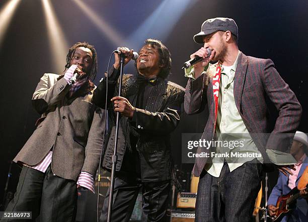Singers Will.I.Am of the Black Eyed Peas, James Brown, and Justin Timberlake perform at the Will.I.Am Music Group launch and Tsunami Benefit concert...