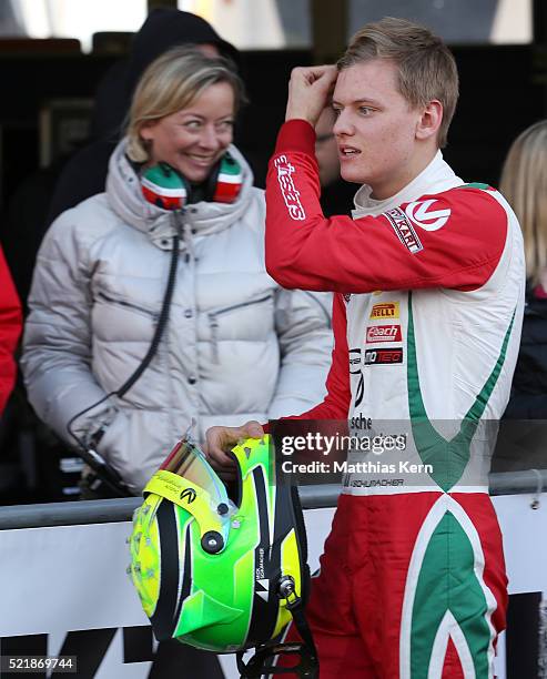 Mick Schumacher , son of the former F1 champion Michael Schumacher, and managerin Sabine Kehm look on after winning the 3rd race during day 3 of the...