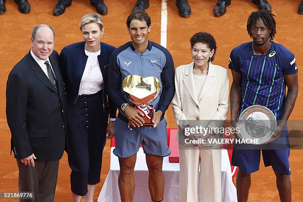 Prince Albert II of Monaco, Princess Charlene of Monaco, Spain's Rafael Nadal, Elisabeth Anne de Massy and France's Gael Monfils pose after the final...