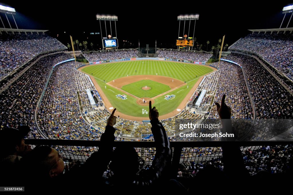 Fans cheering during championship game at Dodger Stadium