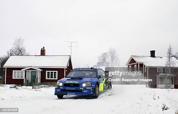 Petter Solberg of Norway drives his Subaru Impreza WRC 2004 during Day 2 of the Uddeholm Swedish Rally on February 12, 2005 in Karlstad, Sweden.