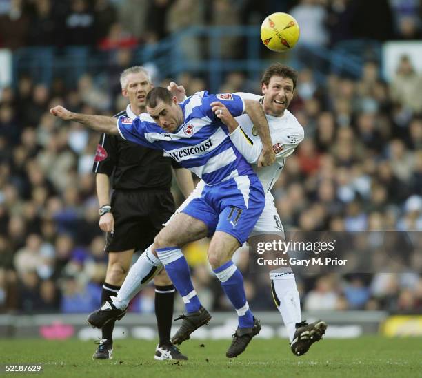 Sean Gregan of Leeds United and Andy Hughes of Reading in action during the Coca-Cola Championship match between Leeds United and Reading at Elland...