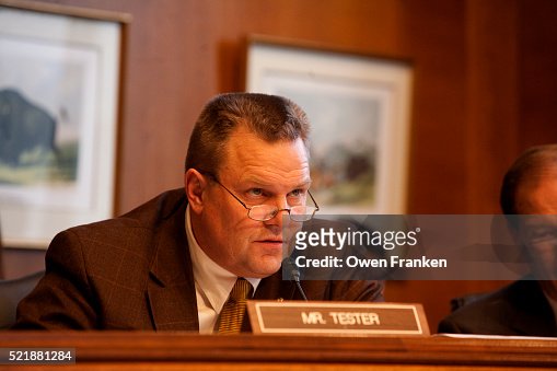 Senator John Tester, Democrat of Montana, asking questions in a Senate Judiciary hearing