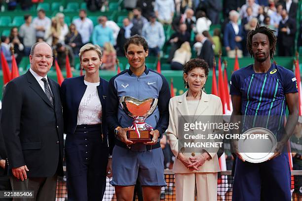 Prince Albert II of Monaco, Princess Charlene of Monaco, winner Spain's Rafael Nadal, Elisabeth Anne de Massy and second placed France's Gael Monfils...