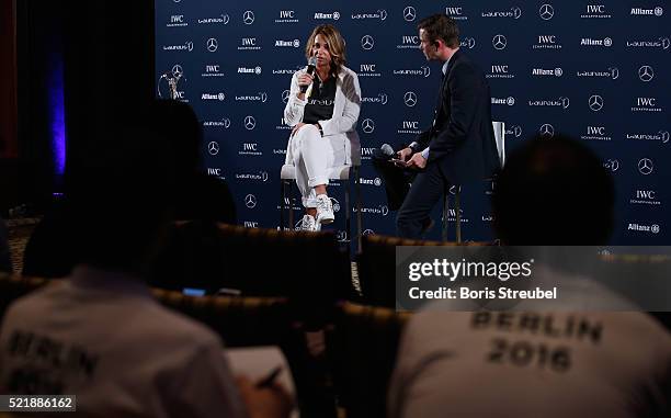 Laureus World Sports Academy member Nadia Comaneci speaks to the media at the press conference to celebrate 40 Years After The Perfect 10 on April...