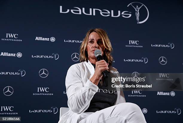 Laureus World Sports Academy member Nadia Comaneci speaks to the media at the press conference to celebrate 40 Years After The Perfect 10 on April...