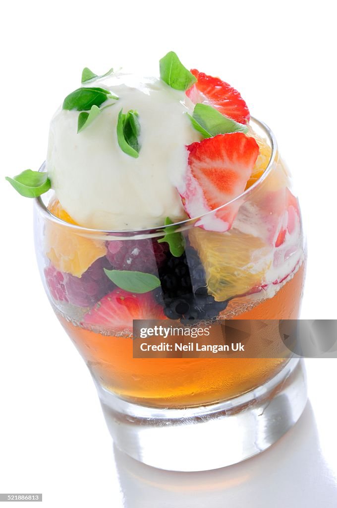 Fruit jelly with ice cream in glass