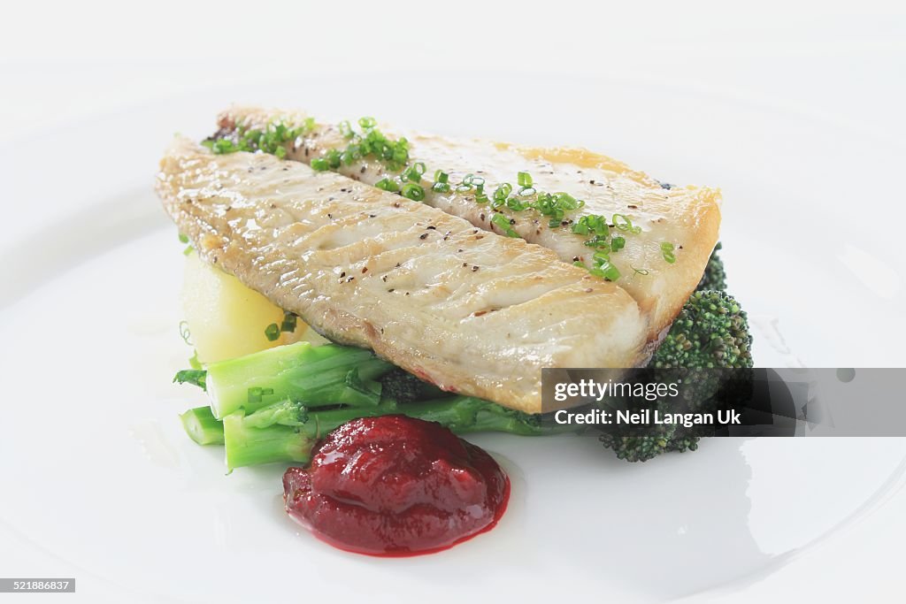 Pan fried sea bass with vegetables