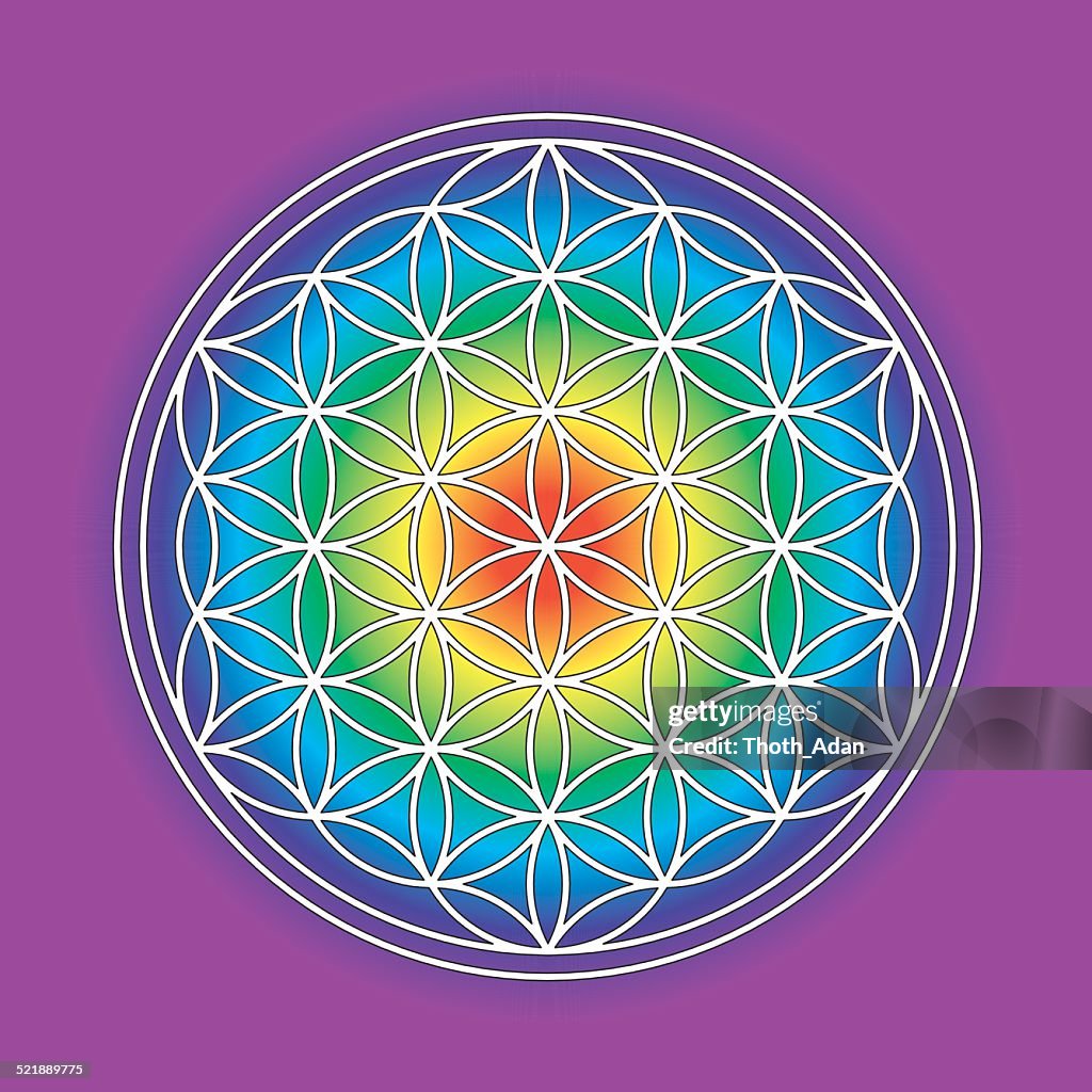 Rainbow-colored flower of life symbol