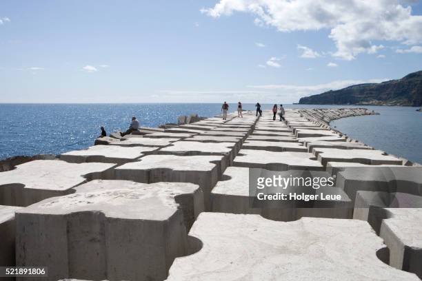 concrete blocks of jetty breakwater, ribeira brava, madeira, portugal - madeira material stock-fotos und bilder