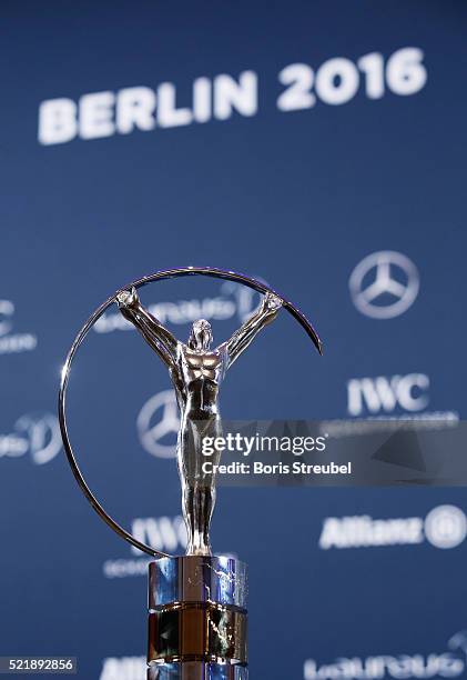 View of the Laureus World Sports Award trophy prior to the Nadia Comaneci press conference to celebrate 40 Years After The Perfect 10 on April 17,...