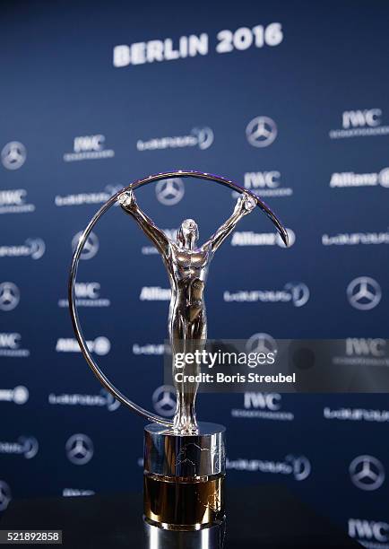 View of the Laureus World Sports Award trophy prior to the Nadia Comaneci press conference to celebrate 40 Years After The Perfect 10 on April 17,...