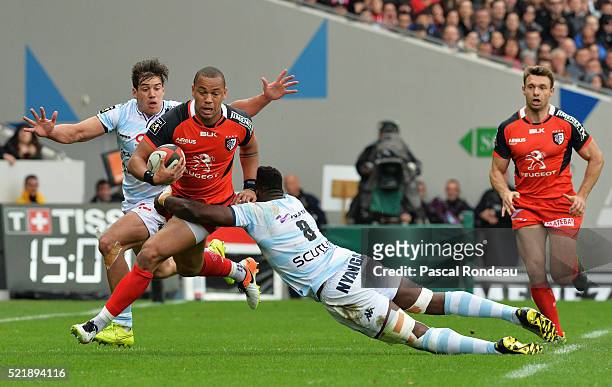 Gael Fickou from Toulouse in action during the French Top 14 rugby union match between Toulouse v Racing 92 at Stade Ernest Wallon on April 17, 2016...