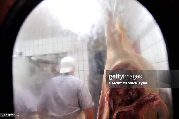butchering pigs in slaughterhouse - butcher shop window stock pictures, royalty-free photos & images