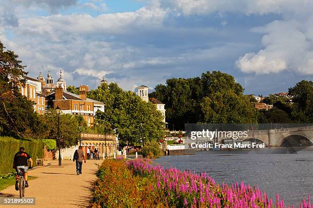 path along river thames in richmond, surrey, england - richmond upon thames fotografías e imágenes de stock