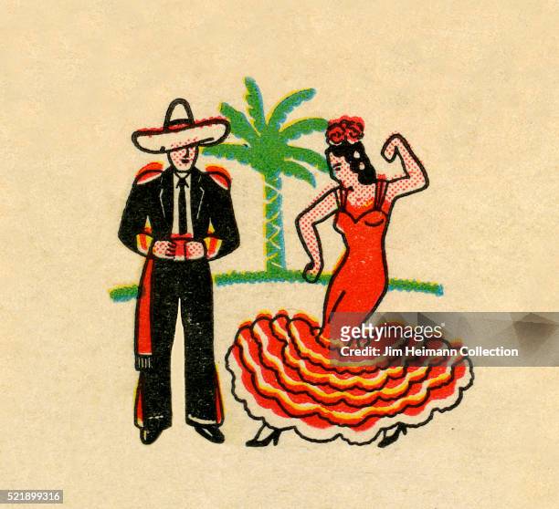 Matchbook image of woman dancing flamenco and man with sombrero. Palm tree in background.