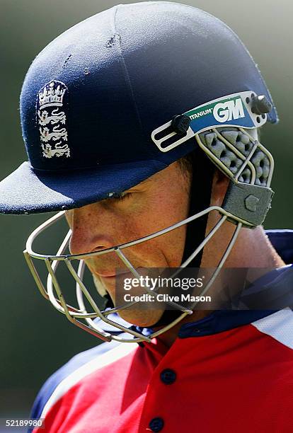 Marcus Trescothick of England walks back to the dressing room during the seventh and final one day international match between South Africa and...