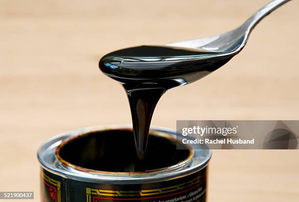 spoonful of black treacle oozing off of spoon - molasses fotografías e imágenes de stock