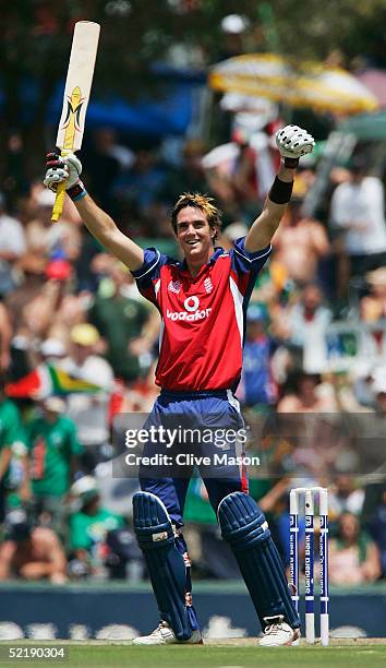 Kevin Pietersen of England celebrates his century during the seventh and final one day international match between South Africa and England at the...