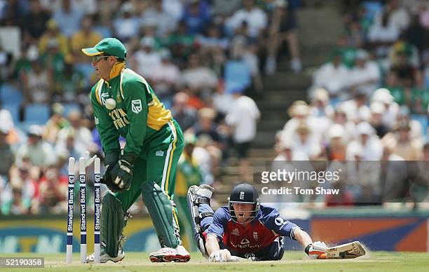 Paul Collingwood of England is run out by Mark Boucher of South Africa, during the 7th One Day International between South Africa and England on...