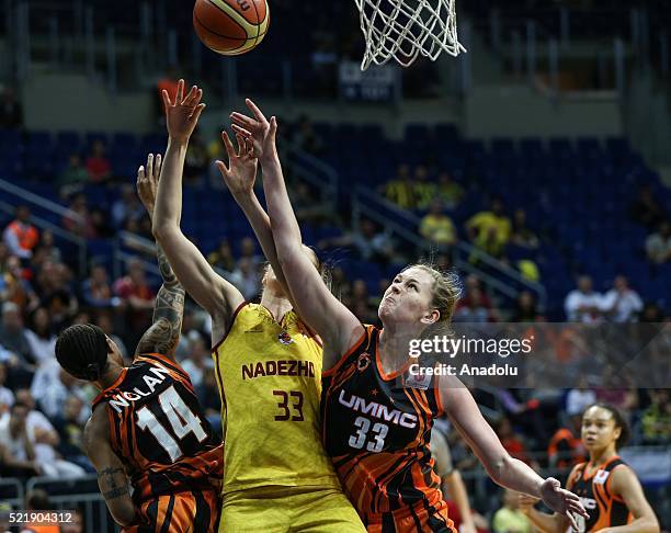 Natalia Anoikina of Nazdezhda in action against Emma Meesseman of UMMC Ekaterinburg during the FIBA EuroLeague Women 2016 Final Four final match...