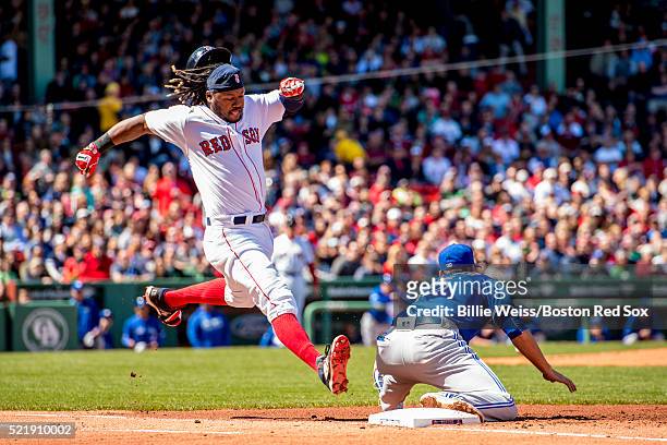 Hanley Ramirez Boston Red Sox stretches to beat out a ground ball as Chris Colabello of the Toronto Blue Jays fields the throw during a game on April...
