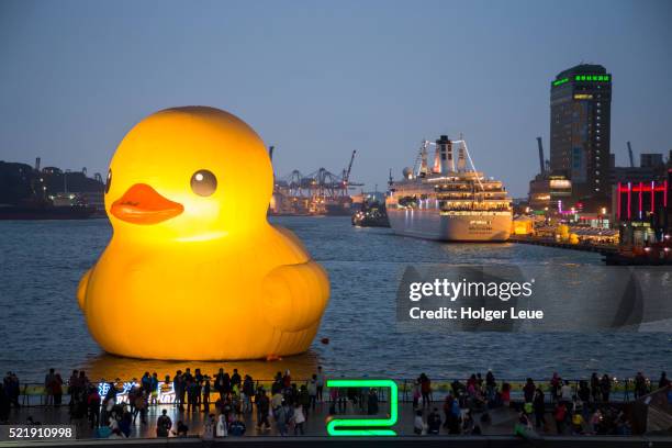 people admire rubber duck giant floating sculpture (designed by dutch artist florentijn hofman) - rubber duck sculpture photos et images de collection