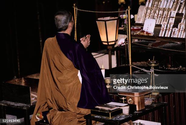 buddhist monk at morning prayer - mount hiei stock pictures, royalty-free photos & images
