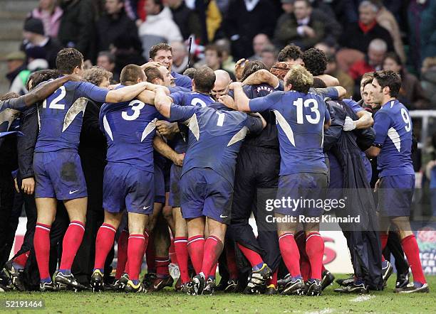 The french team celebrate their win over England during the RBS Six Nations International between England and France at Twickenham Stadium on...