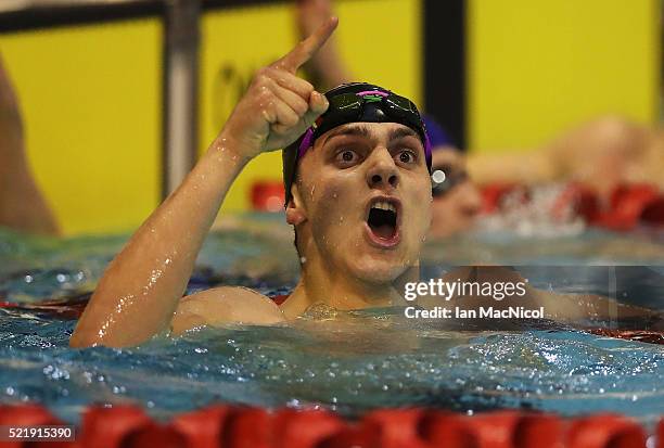 James Guy celebrates after winning the Men's 200m Freestyle during Day Six of The British Swimming Championships at Tollcross International Swimming...