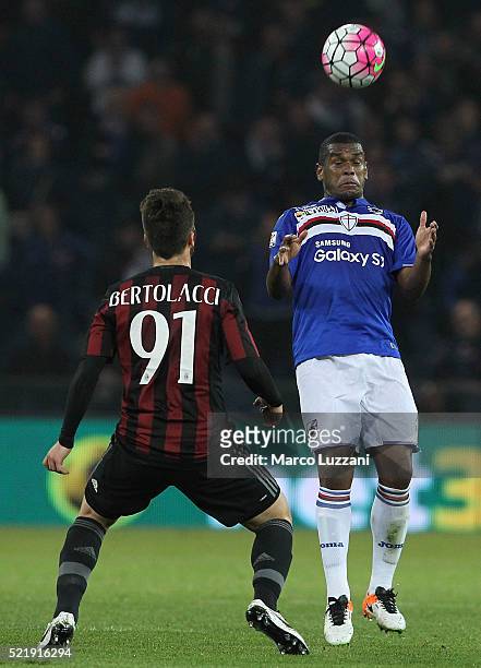 Lucas Martins Fernando of UC Sampdoria competes for the ball with Andrea Bertolacci of AC Milan during the Serie A match between UC Sampdoria and AC...