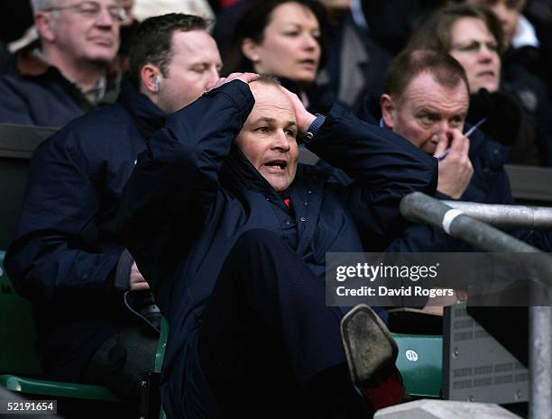 Andy Robinson, the England head coach, looks frustrated during the RBS Six Nations International between England and France at Twickenham Stadium on...