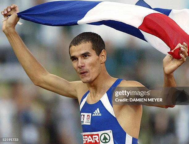 - Photo d'archives datee du 08 aout 2002 de l'athlete francais Mehdi Baala apres avoir remporte le 1500 m lors des championnats d'Europe d'athletisme...