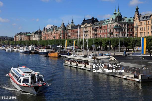 sweden, stockholm, strandvägen street, harbour, boats, floating restaurant, - strandvägen stock pictures, royalty-free photos & images