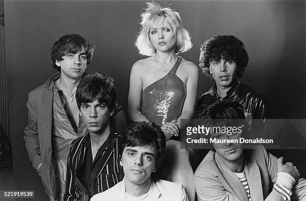 American punk rock band Blondie, 1979. Clockwise from top left, guitarist Chris Stein, singer Debbie Harry, bass player Nigel Harrison, drummer Clem...