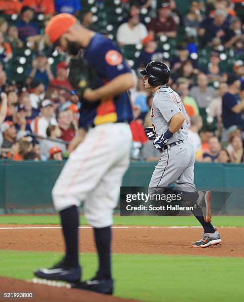 Mike Fiers of the Houston Astros reacts to allowing a two-run home run to Ian Kinsler of the Detroit Tigers during the fifth inning of their game at...