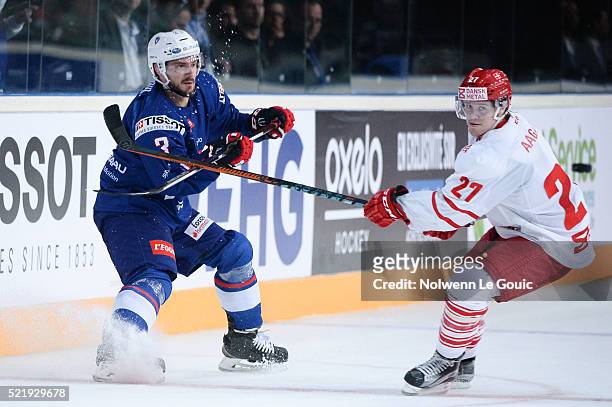 Jonathan Janil of France and Mikkel Aagaard of Denmark during the International Friendly Match between France and Denmark at AccorHotels Arena on...