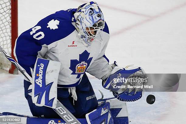 Marlies' goalie Garret Sparks makes the stop in AHL action in the 1st period between the Toronto Marlies and Rochester Americans. April 17, 2016.