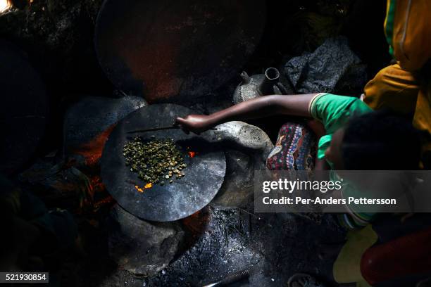Girl roasts coffee beans in the family house on December 9, 2012 in Bonga, Ethiopia. The family runs a small coffee show. The Kaffa region is known...