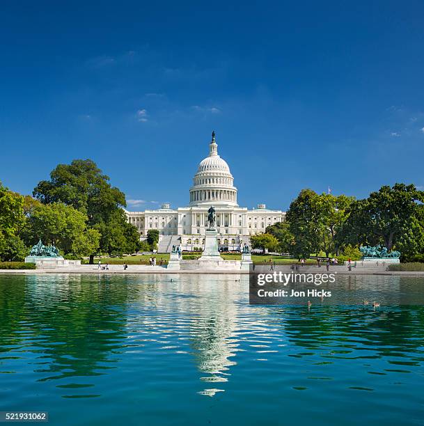 the us capitol and reflecting pool. - capitol building foto e immagini stock