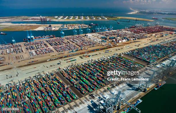 the netherlands, rotterdam, harbour, port. aerial of container port. - rotterdam stock pictures, royalty-free photos & images