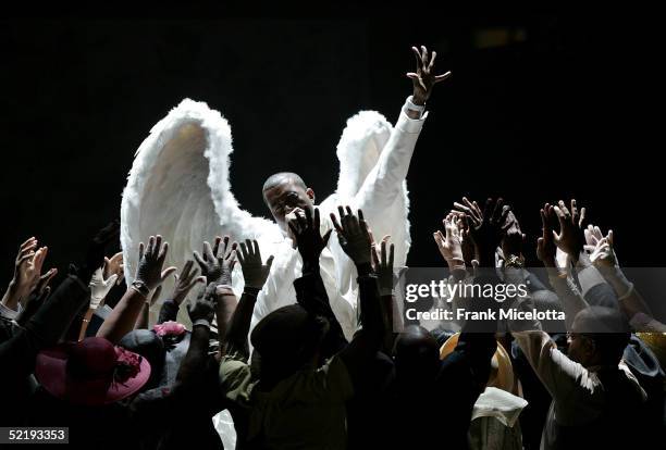 Singer Kanye West performs "Jesus Walks" on stage during the 47th Annual Grammy Awards at Staples Center February 13, 2005 in Los Angeles, California.