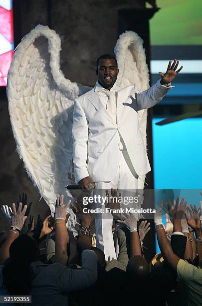 Singer Kanye West performs "Jesus Walks" on stage during the 47th Annual Grammy Awards at Staples Center February 13, 2005 in Los Angeles, California.