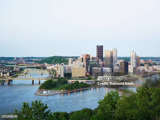 downtown pittsburgh at confluence of rivers - fluss allegheny stock-fotos und bilder