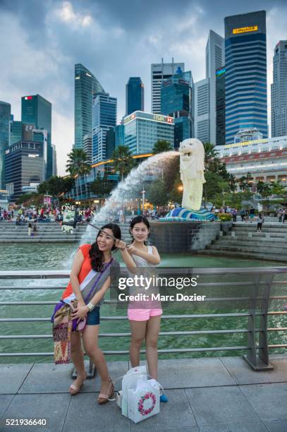 selfie by the merlion - merlion stock pictures, royalty-free photos & images