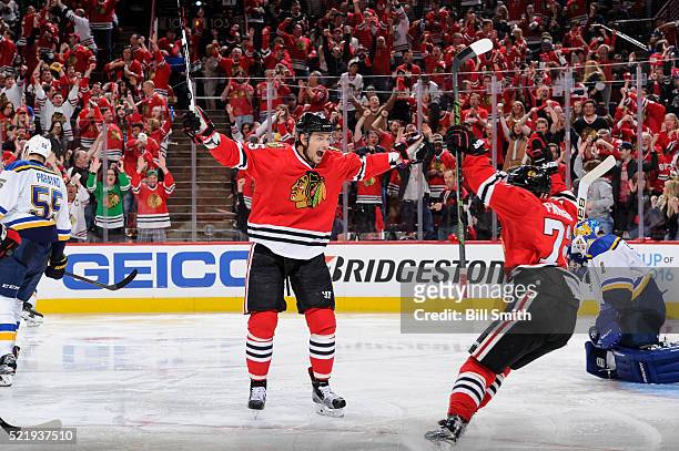 Artem Anisimov of the Chicago Blackhawks reacts after scoring against the St. Louis Blues in the second period of Game Three of the Western...