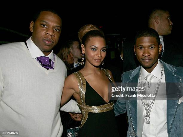Rapper Jay Z, singer Beyonce Knowles and Usher attend Usher's Private Grammy Party hosted by Entertainment Weekly held at the Geisha House on...
